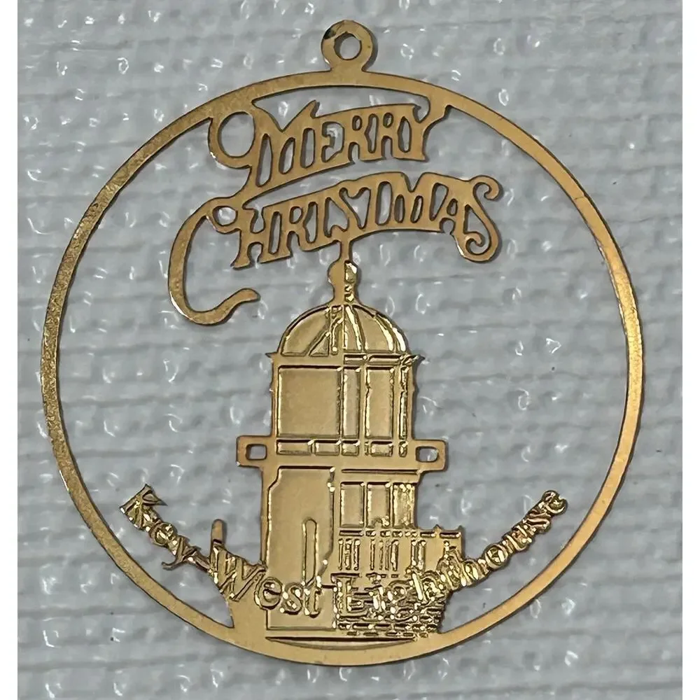 2” Merry Christmas Key West Lighthouse Gold Tone Christmas Tree Ornament Vintage